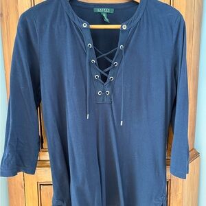 Ralph Lauren Blue Lace-Up 3/4 Sleeve Blouse